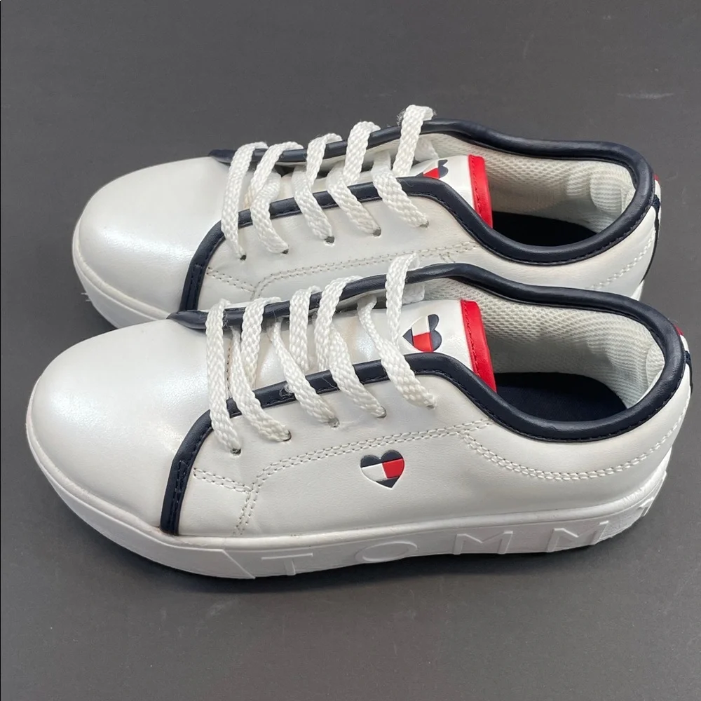 Tommy Hilfiger White Faux Leather Sneakers Youth Size 1 Navy Red Trim
